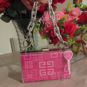 Upcycled Pink Geometric Clutch with Silver Chain & Keyring
